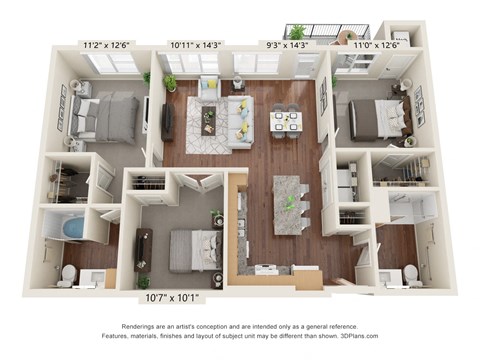 Floor plan for 3 beds, 2 baths, 1260 sqft